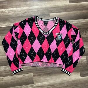 Monster High Womens Crop Top Sweater SM Argyle Pink Black V-Neck Y2k Preppy Goth